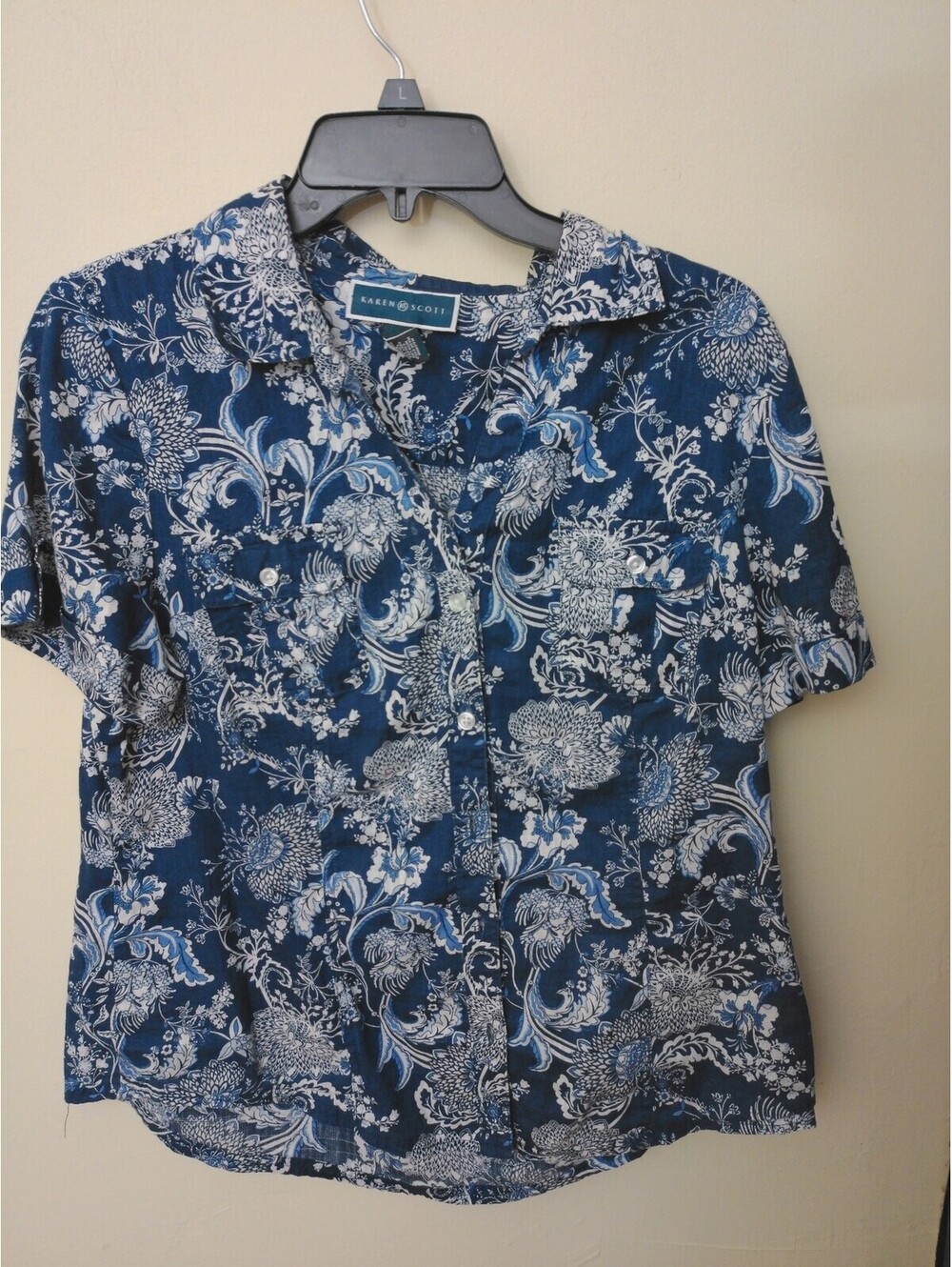Karen Scott Womens Button Up Shirt Size L Blue White Floral Paisley Cotton Top